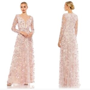 Mac Duggal 70224 Pink Floral Applique Long Sleeve Illusion Gown NWT